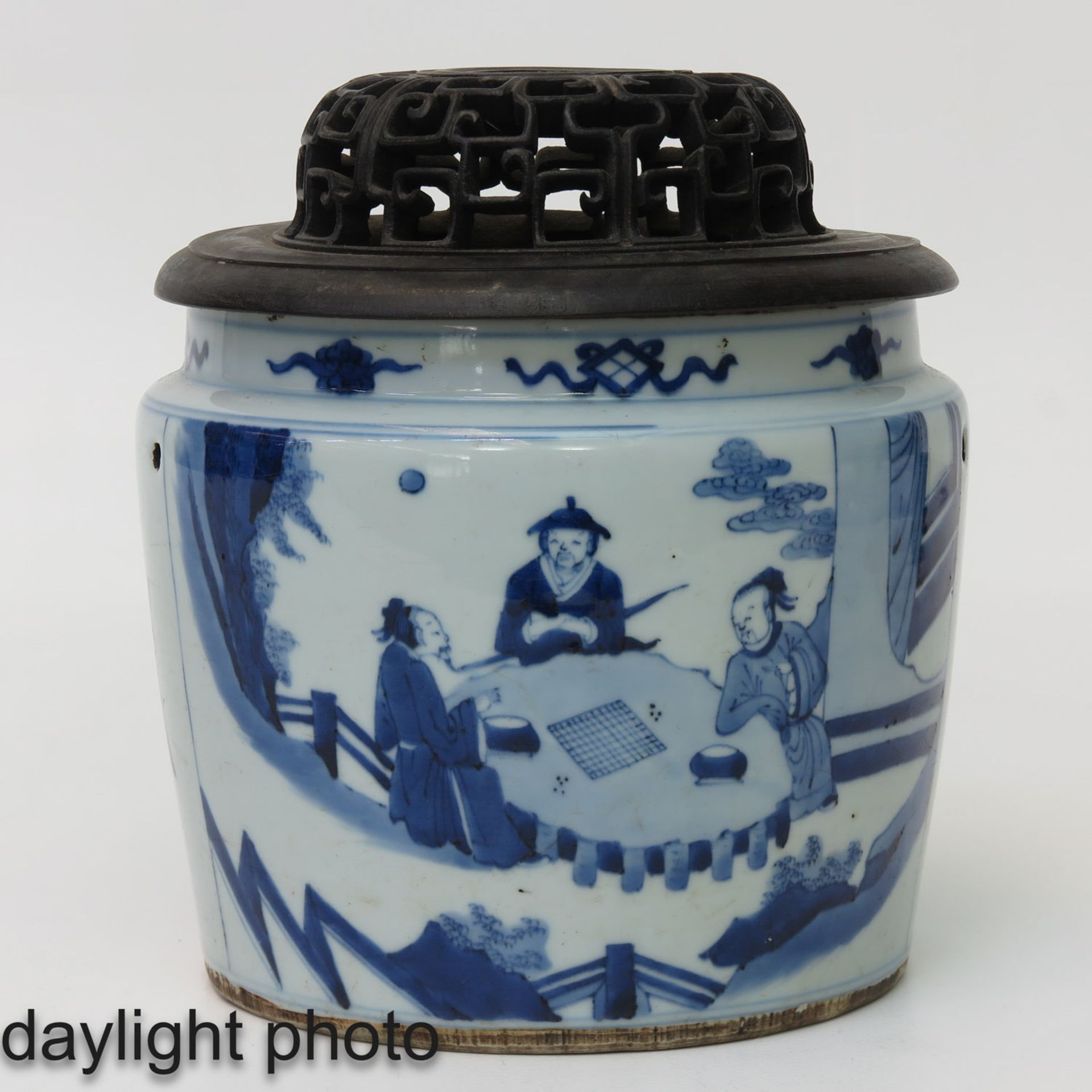 A Blue and White Pot with Carved Wood Cover - Image 7 of 10