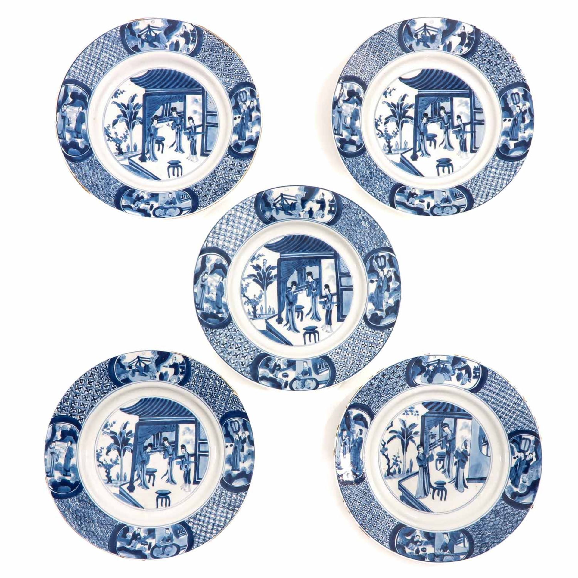 A Series of 5 Blue and White Plates