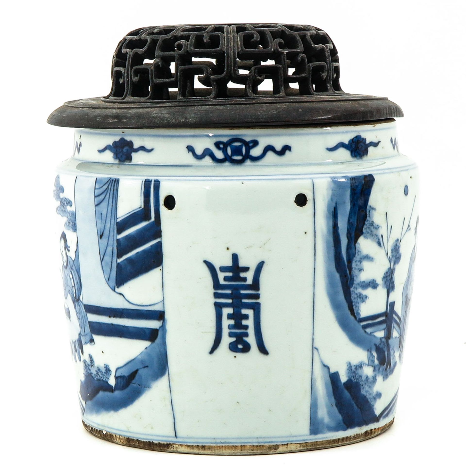 A Blue and White Pot with Carved Wood Cover - Image 2 of 10