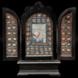 An 18th - 19th Century Ebony Wood Triptych Holding 56 Relics