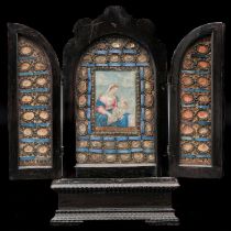 An 18th - 19th Century Ebony Wood Triptych Holding 56 Relics