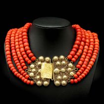 A 19th Century 5 Strand Red Coral Necklace on 18KG Clasp