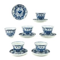 A Series of 6 Blue and White Cups and Saucers