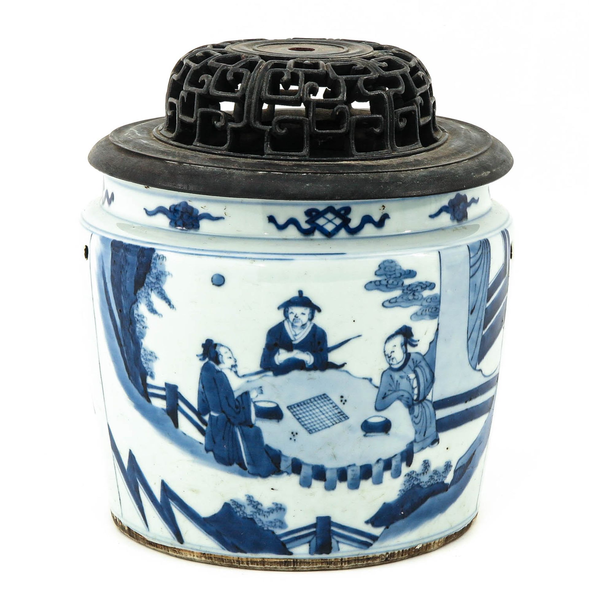 A Blue and White Pot with Carved Wood Cover