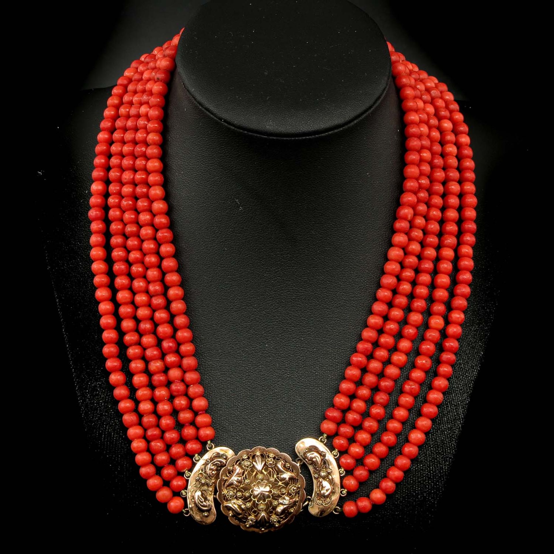 A 19th Century 5 Strand Red Coral Necklace on 14KG Clasp