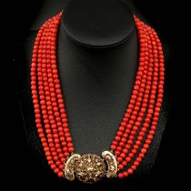 A 19th Century 5 Strand Red Coral Necklace on 14KG Clasp