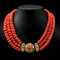 A 3 Strand Red Coral Necklace on 14KG Clasp