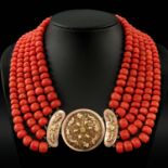 A 19th Century 5 Strand Red Coral Necklace on 14KG Clasp