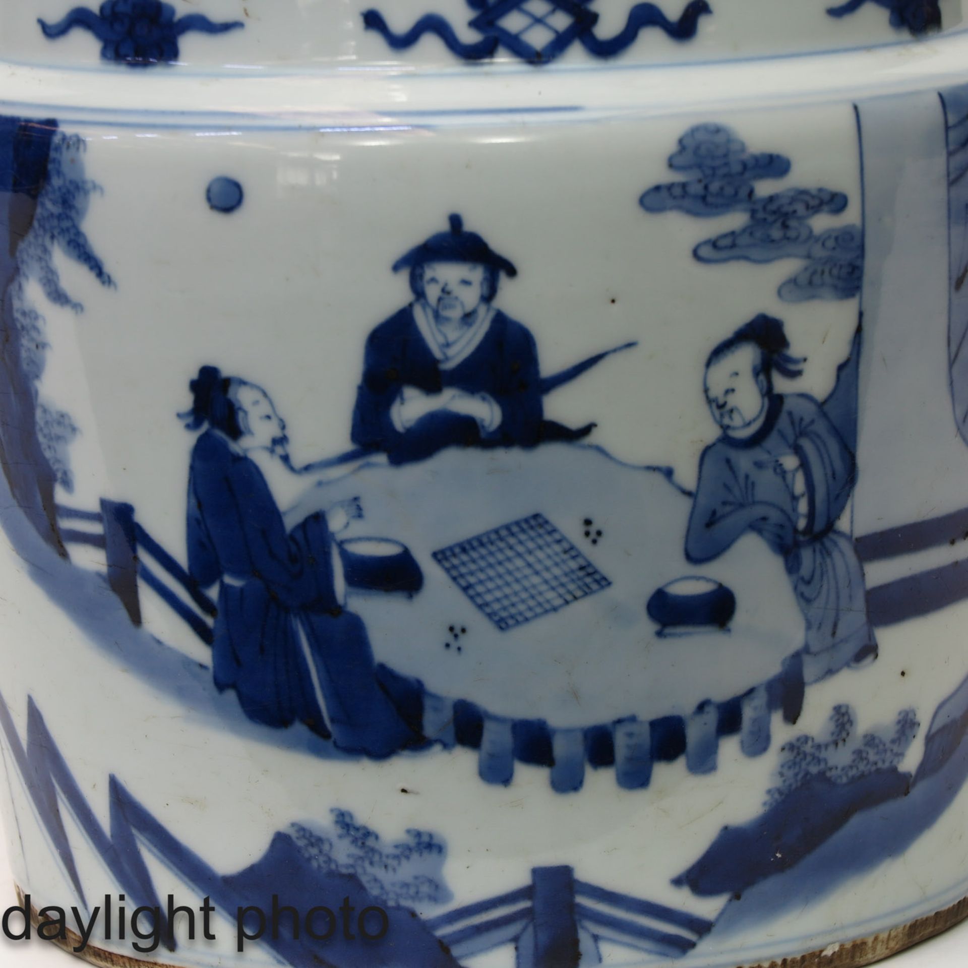 A Blue and White Pot with Carved Wood Cover - Image 10 of 10