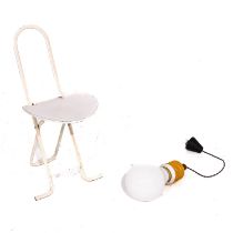 A Designer Folding Chair and Hanging Lamp