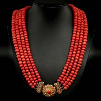 A 19th Century 4 Strand Red Coral Necklace on 14KG Clasp