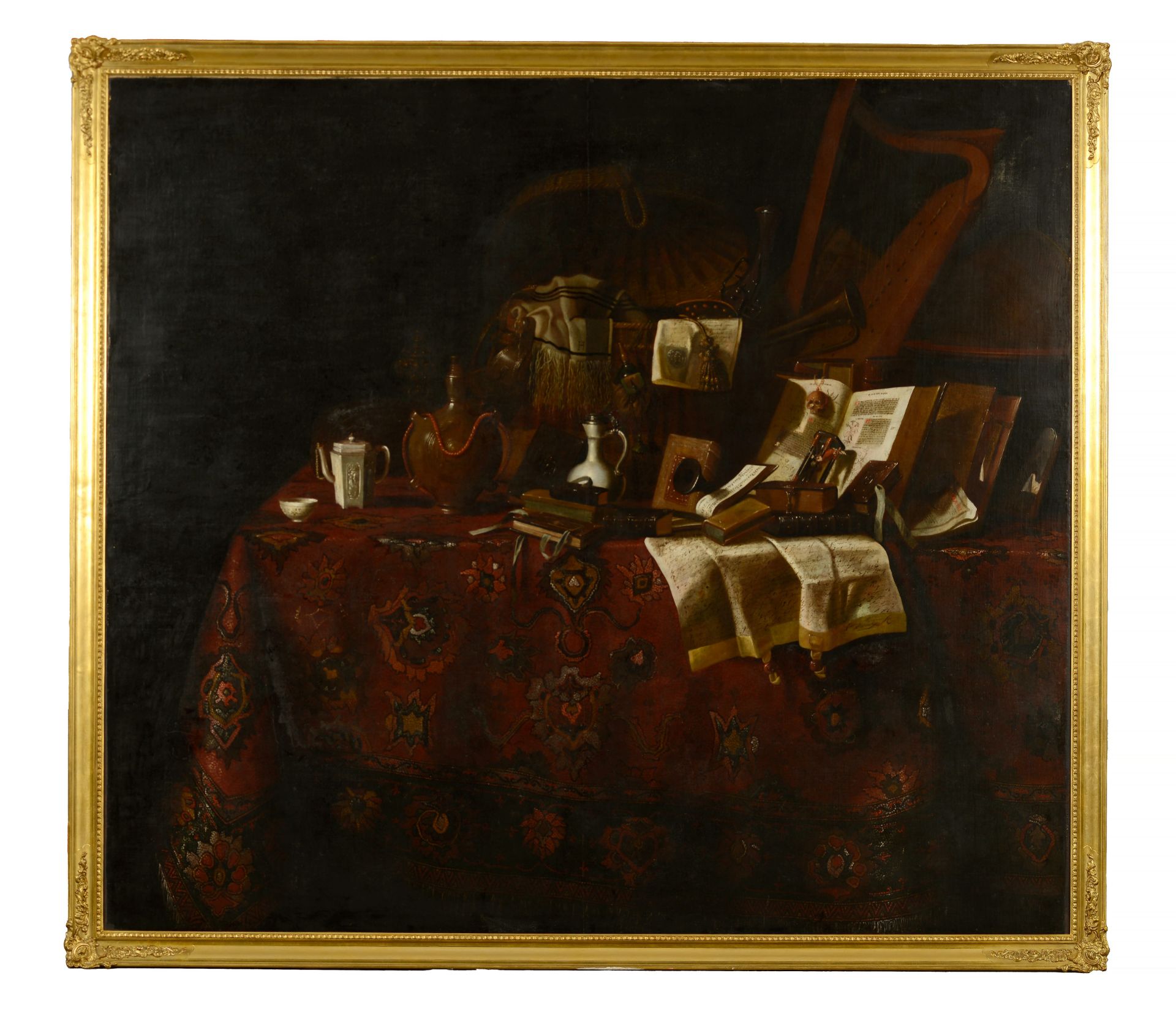 Pseudo-Roestraten, Attrib. (c.1700)Still life with carpet, porcelain, books and "memento more"