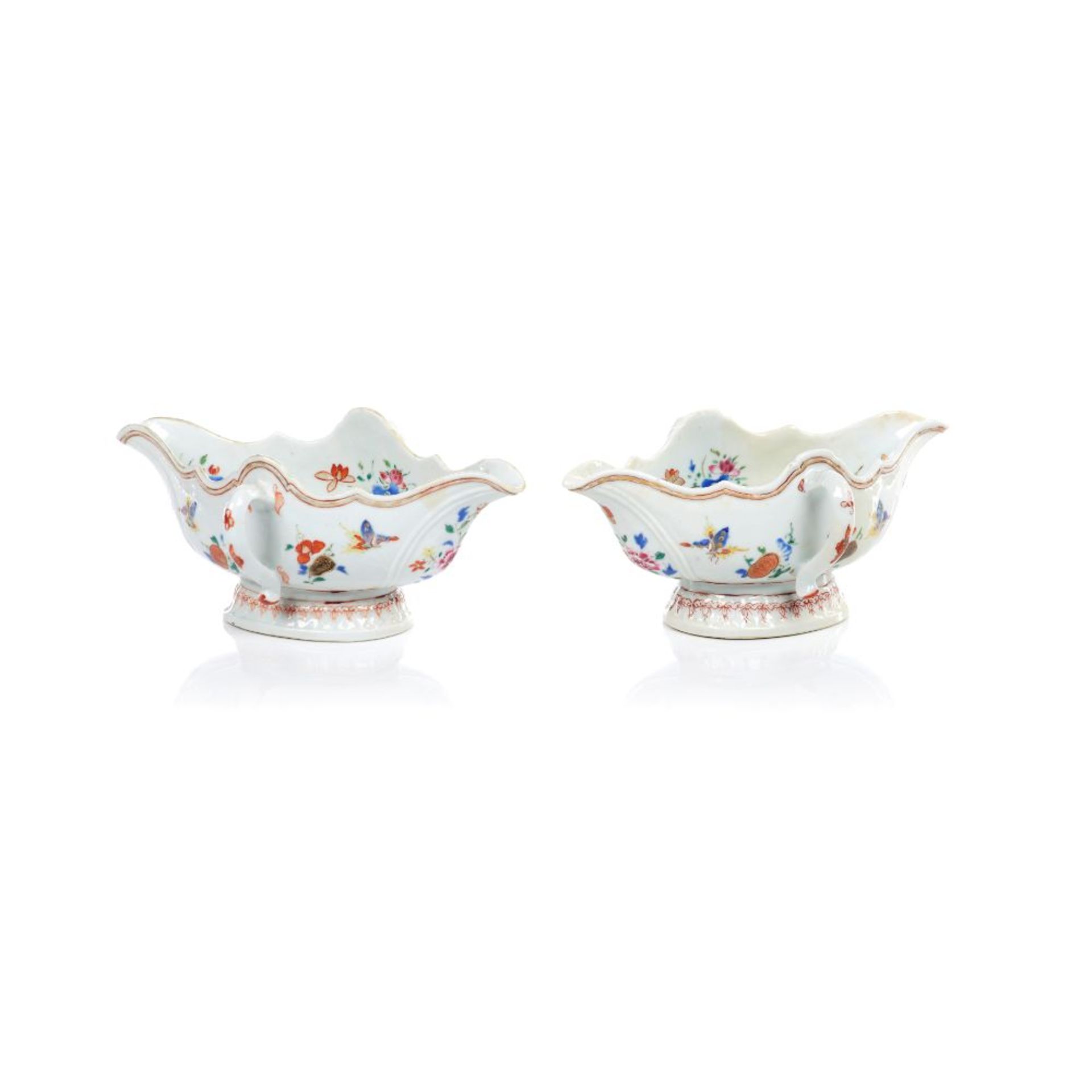 A pair of double handled sauceboats, Chinese export porcelain, Polychrome "Famille Rose" enamelled