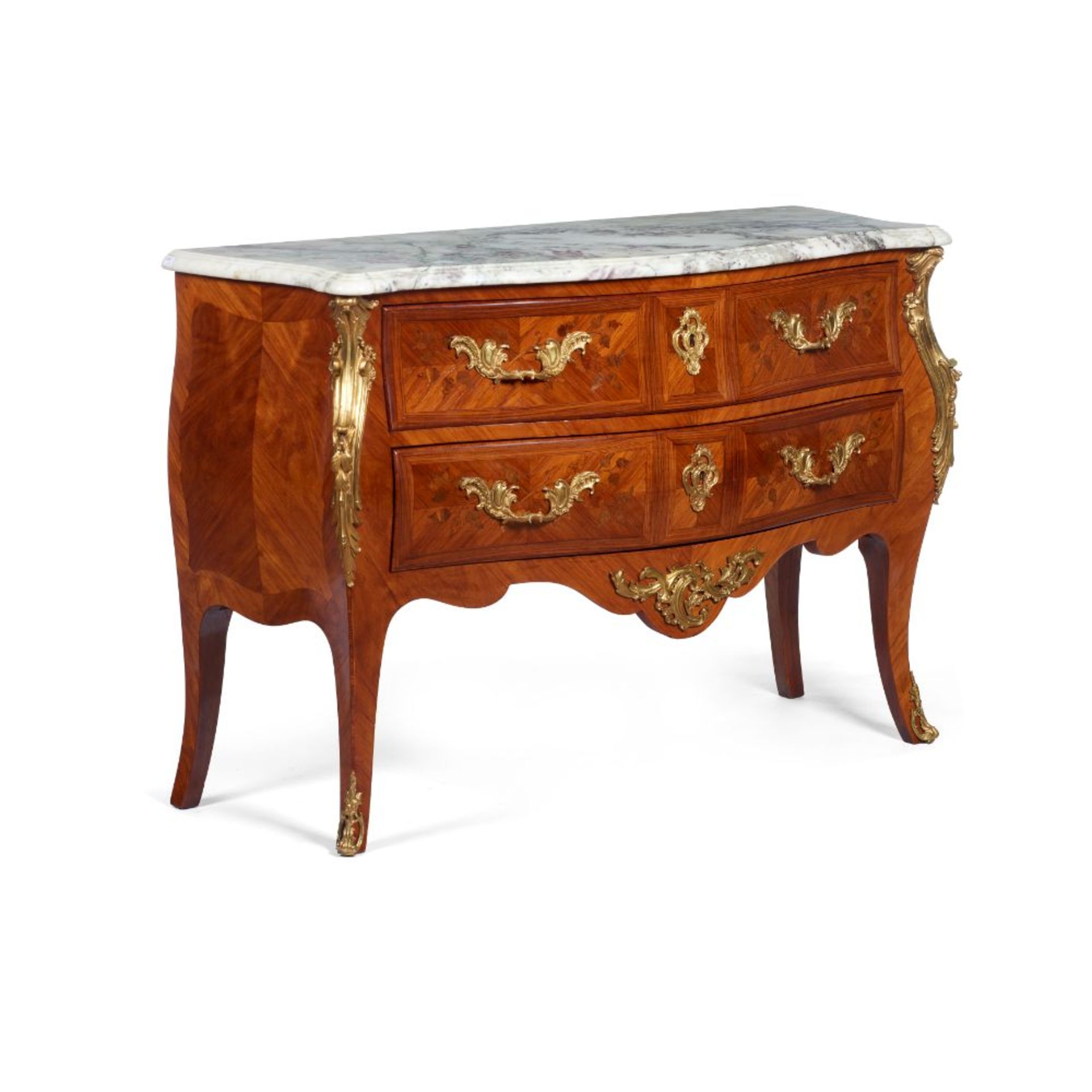 A Louis XV style commode, Jacaranda and satinwood veneered wood carcass, Various woods marquetry