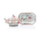 A small tureen with cover and platter, Chinese export porcelain, Polychrome "Famille Rose"