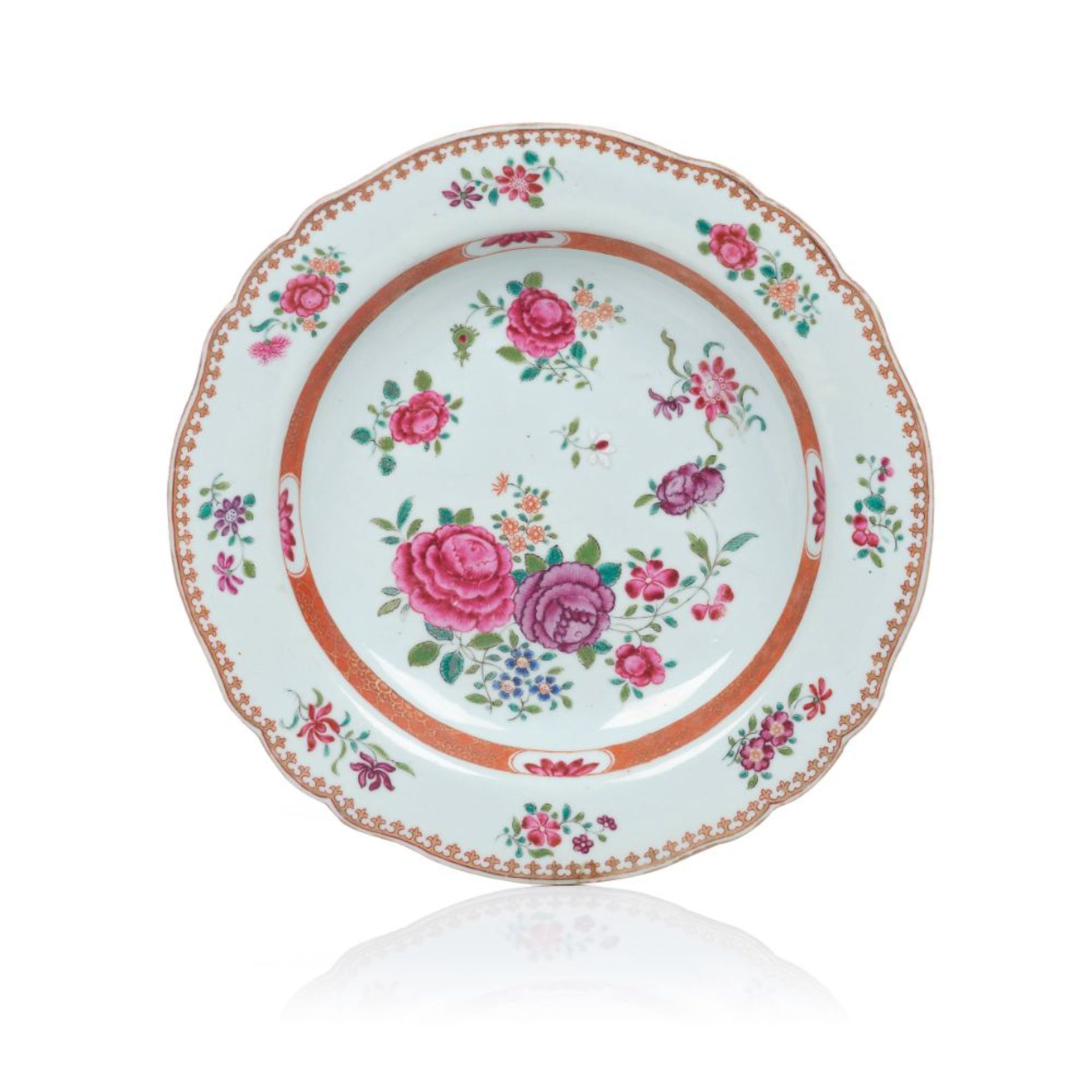 A deep scalloped plate, Chinese export porcelain, Polychrome floral "Famille Rose" enamelled and