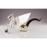 A pair of griffins, Silver 925/000 sculptures, Horn bodies and tongues, bone teeth and tiger's eye