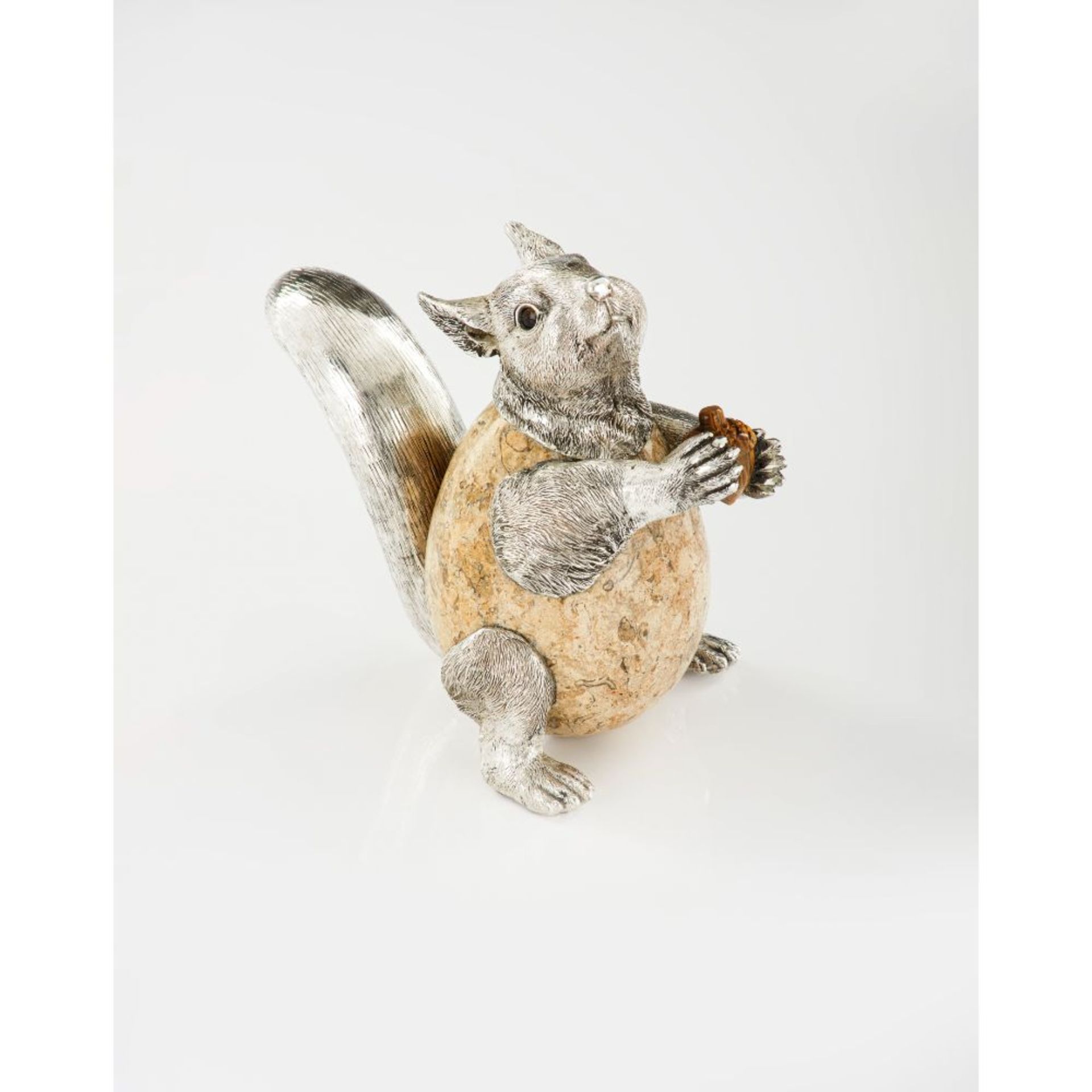 A squirrel, Silver 925/000 sculpture, Engraved decoration, Hardstone body with tiger's eye carved
