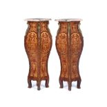 A pair of Louis XV style columns, Veneered wood carcass, Various woods foliage marquetry decoration,