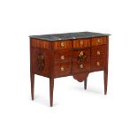 A Louis XVI commode, Rosewood veneered of marquetry decoration, Three short and two long drawers,