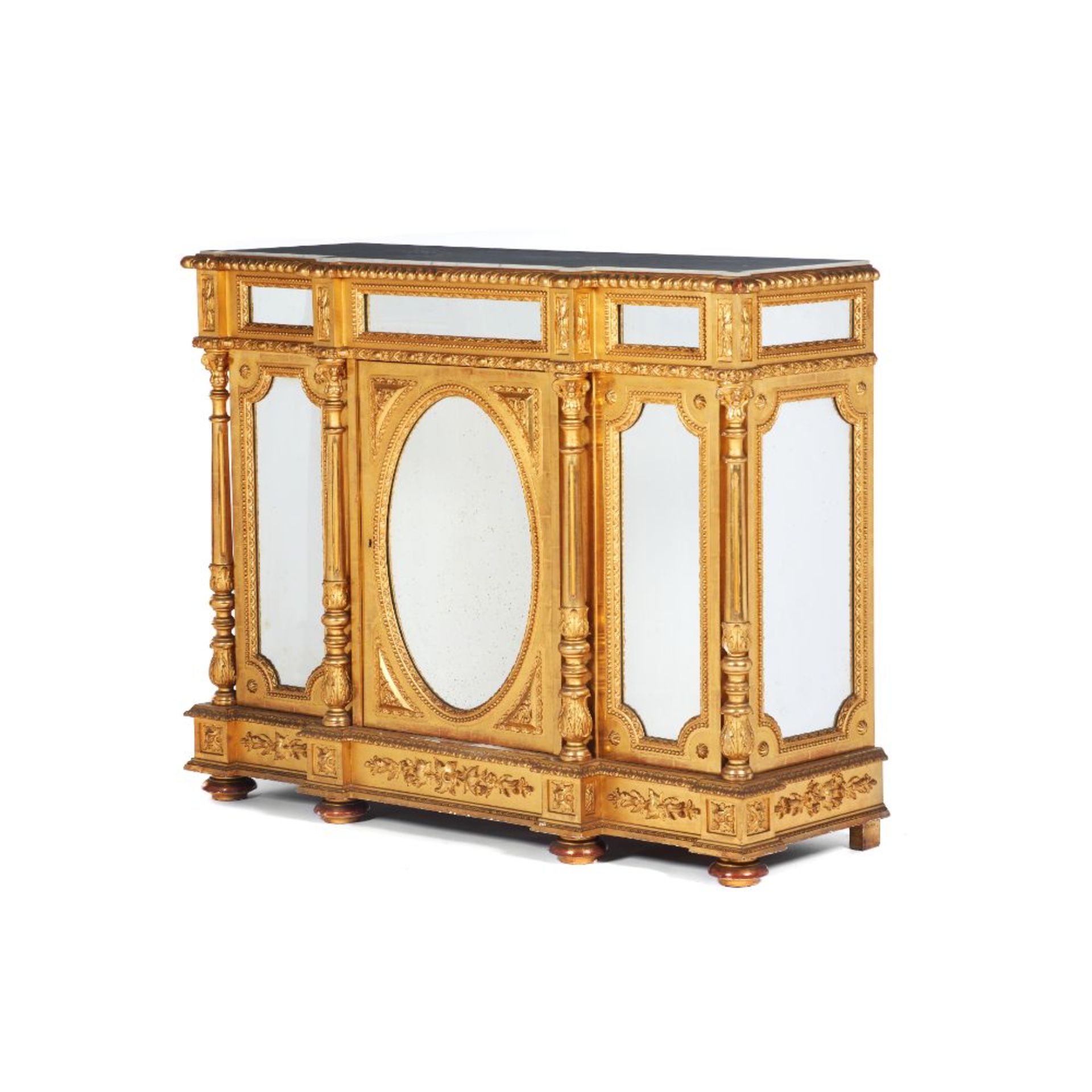 A Napoleon III cabinet, Carved and gilt wood and gesso, Mirrored structure, doors, frontal and