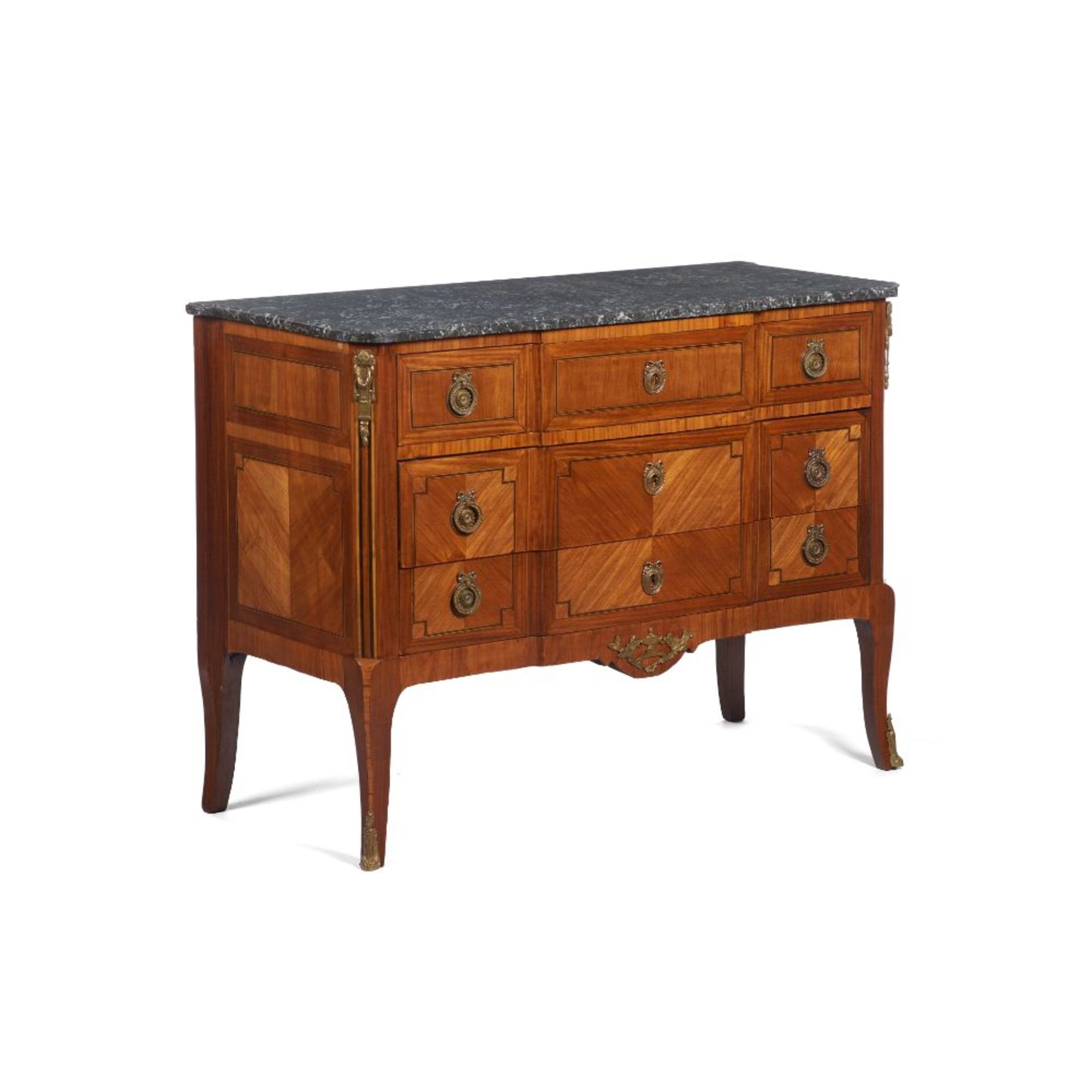 A Louis XVI style commode, Jacaranda veneered wood carcass of rosewood and thornbush filleting,