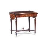 A Napoleon III drop-leaf table, Various woods foliage motifs and musical instruments marquetry