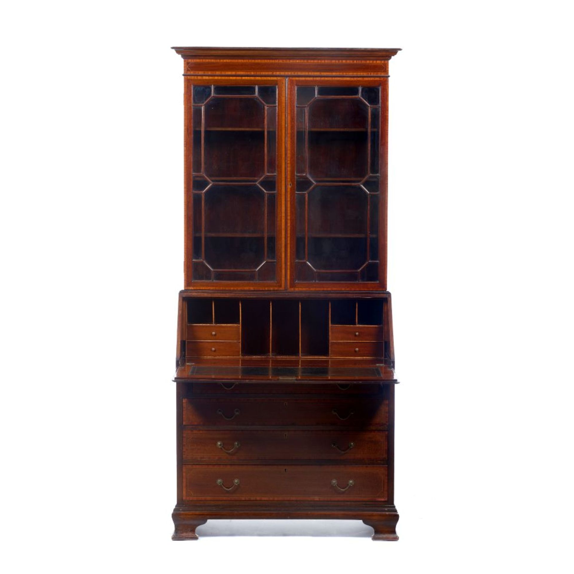 An Edwardian bureau bookcase, Mahogany and other woods, Two long drawers, two short drawers and fall - Image 2 of 2