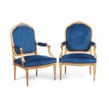 A pair of Louis XV style fauteuils a la Reine, Carved and gilt wood, Velvet upholstered backs, seats