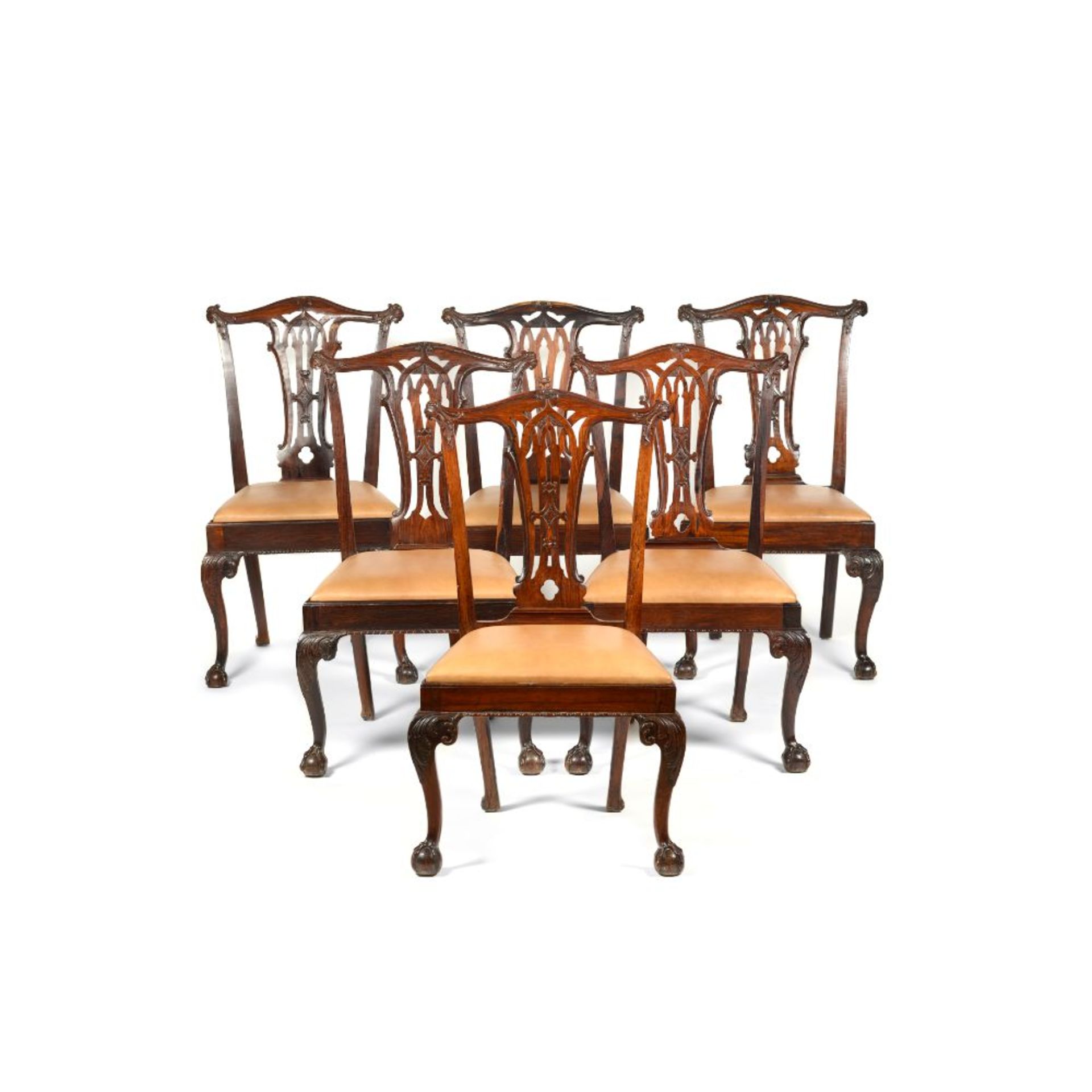 A set of six chairs in the Chippendale, Rosewood , With pierced and scalloped backs, carved