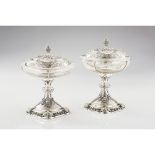 A pair of sweet meats dishes, Glass, Acid etched garlands decoration, Silver 833/000 bases and