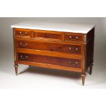 A Louis XVI style commode, Mahogany, With two long and three short drawers, Marble top, Brass