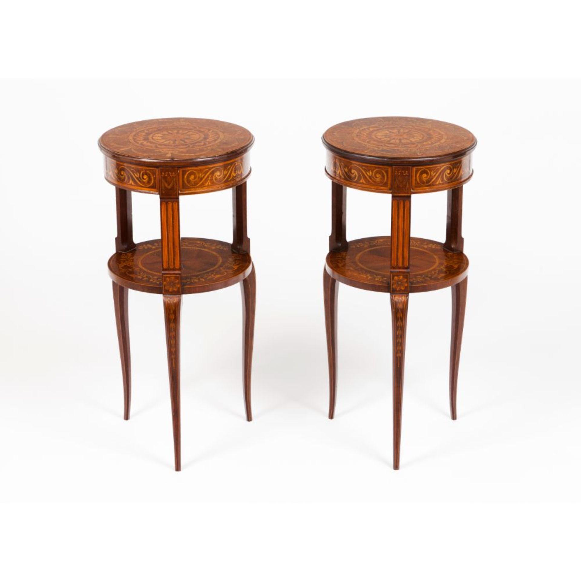 A pair of Louis XV / XVI side tables, Mahogany of profuse boxwood and other timbers marquetry