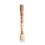 A fan handle, Ivory, Engraved and red dyed decoration, The top profusely carved with floral motifs