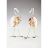 A pair of flamingos, Nautilus shells sculptures, Silver 925/000 heads and legs, Engraved decoration,
