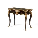 A Napoleon III card table, Ebonised wood, Yellow metal marquetry decoration, Gilt and chiselled