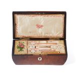 A sewing box, Burr wood veneered of applied mother-of-pearl decoration, Velvet lined interior with