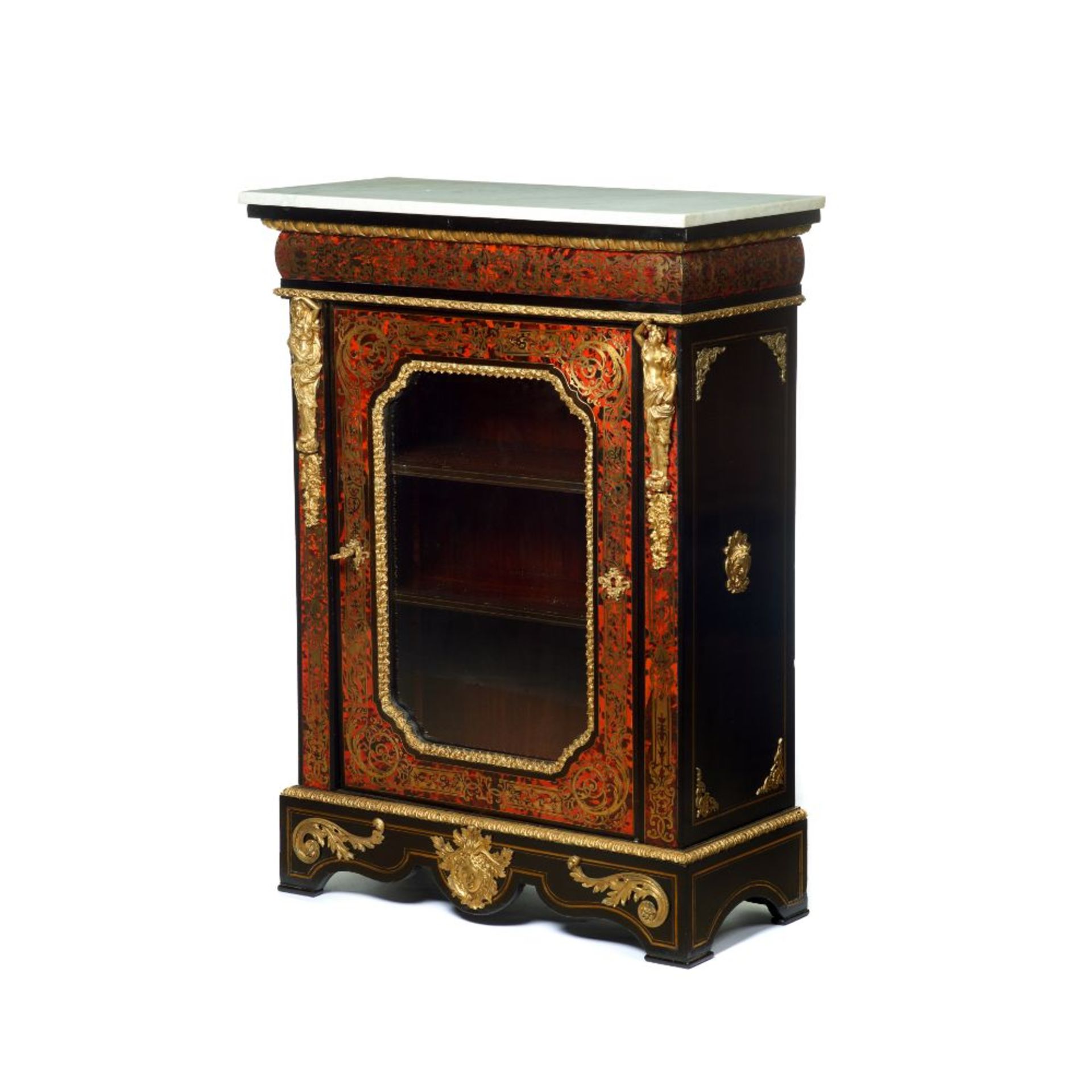 A Boulle style low cabinet, Ebonised wood of tortoiseshell and brass marquetry decoration,