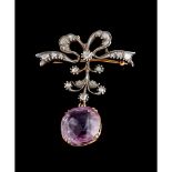 A brooch, Gold 800/000 and silver 833/000, Set with amethyst and rose cut diamonds, Lisbon