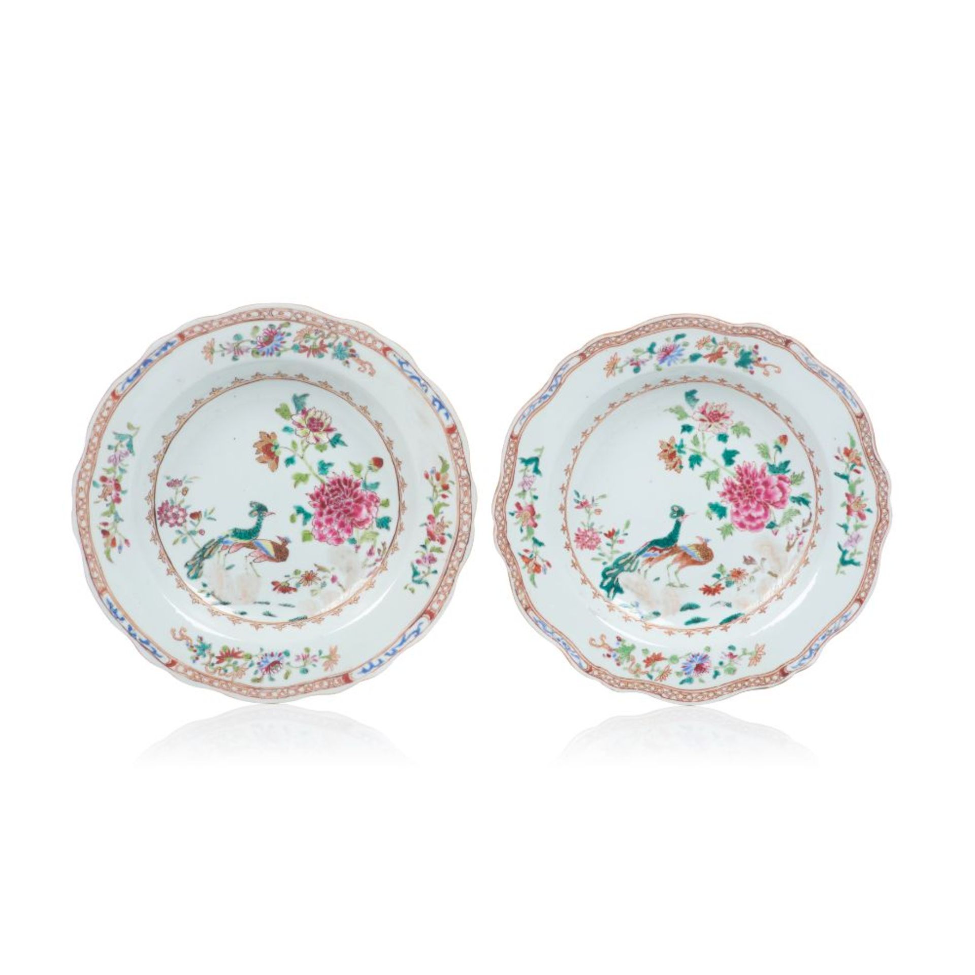A pair of scalloped deep plates, Chinese export porcelain, Polychrome "Famille Rose" enamelled