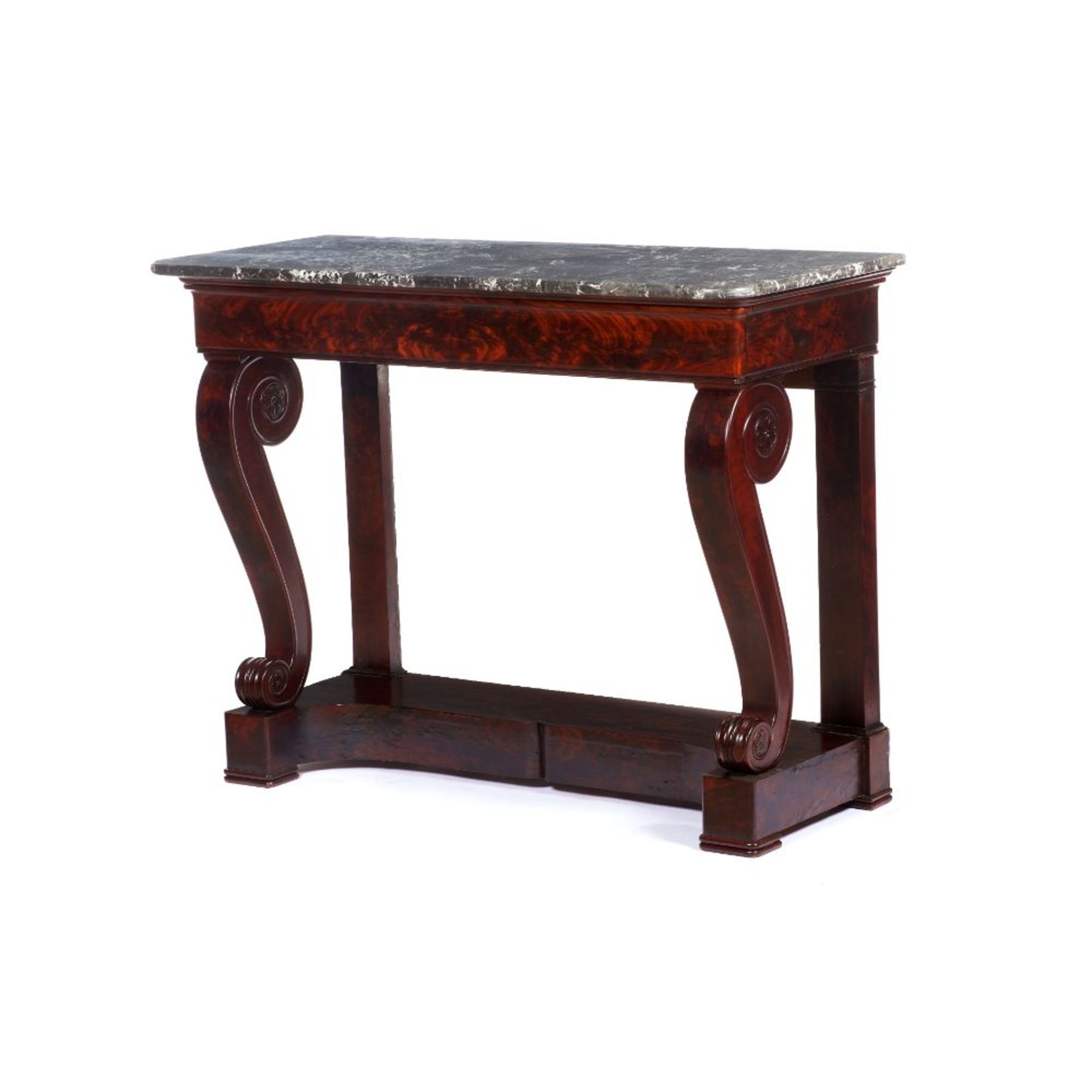 A pair of Louis-Philippe consoles, Solid and veneered mahogany, Cabriole front legs, carved - Image 2 of 2