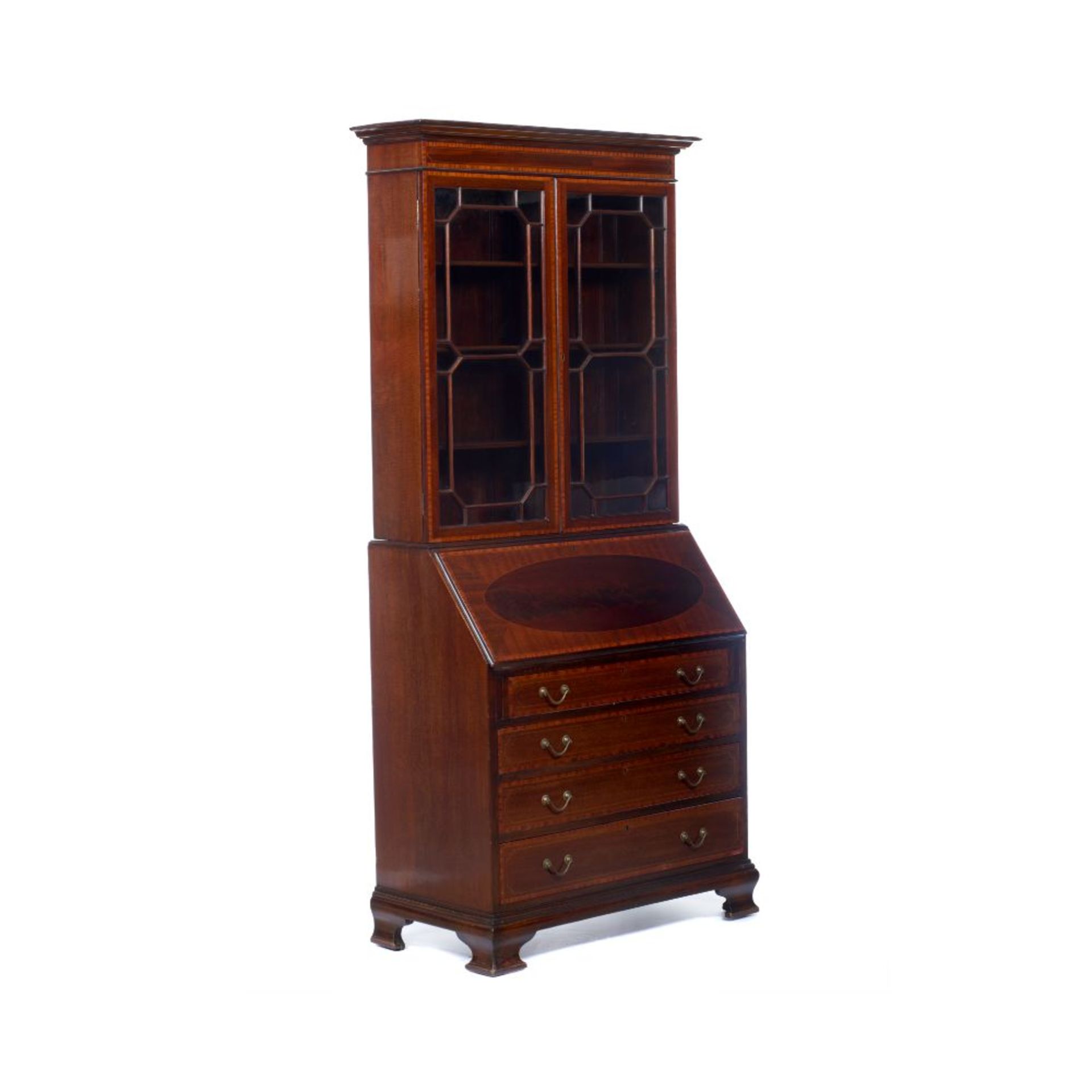 An Edwardian bureau bookcase, Mahogany and other woods, Two long drawers, two short drawers and fall