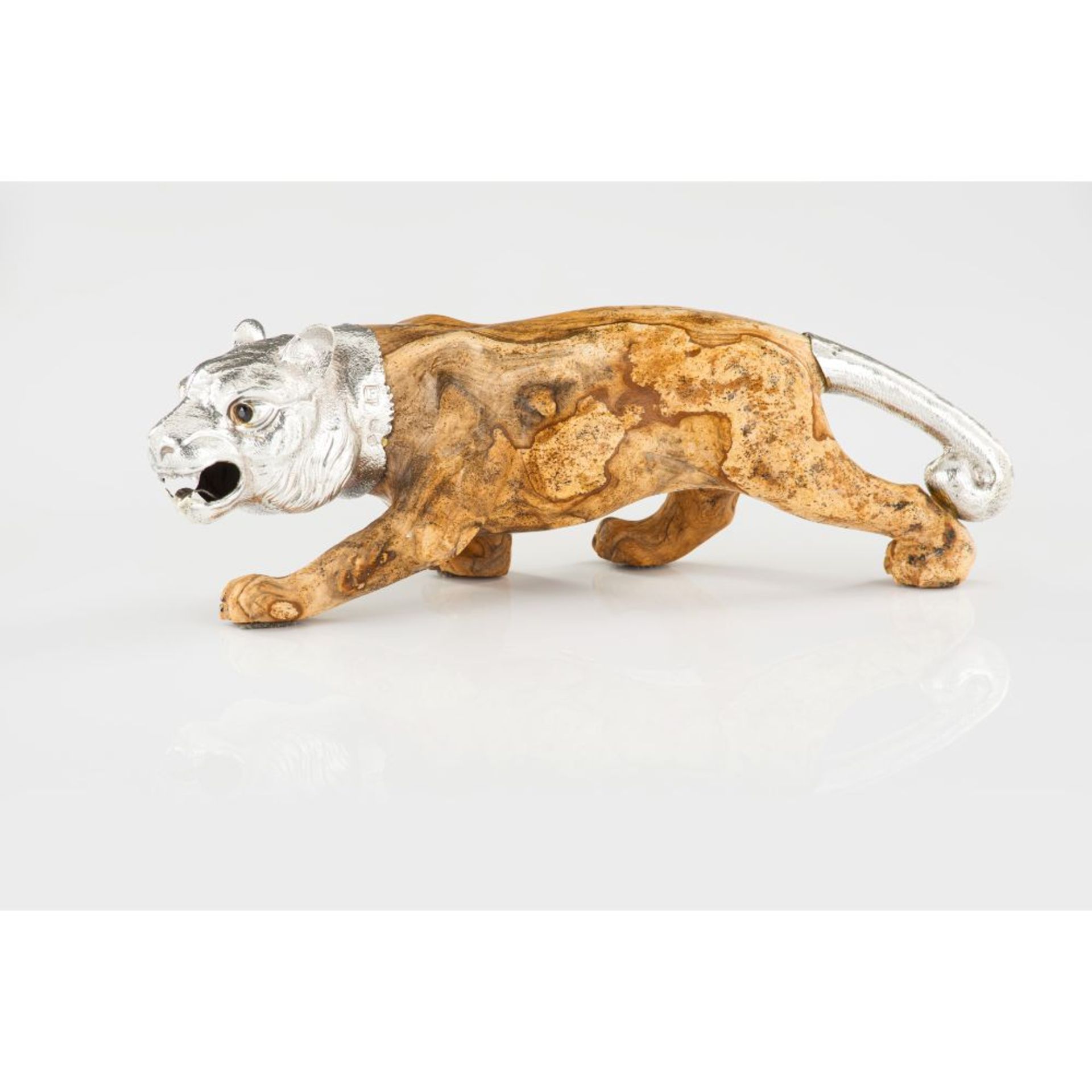 A LUIZ FERREIRA tiger, Hardstone sculpture, Applied silver 835/000 elements, Chiselled