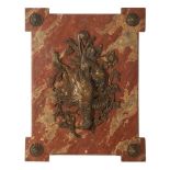 A set of four plaques, Marbled wood, Bronze applied hunting trophies elements, Europe, 19th century,