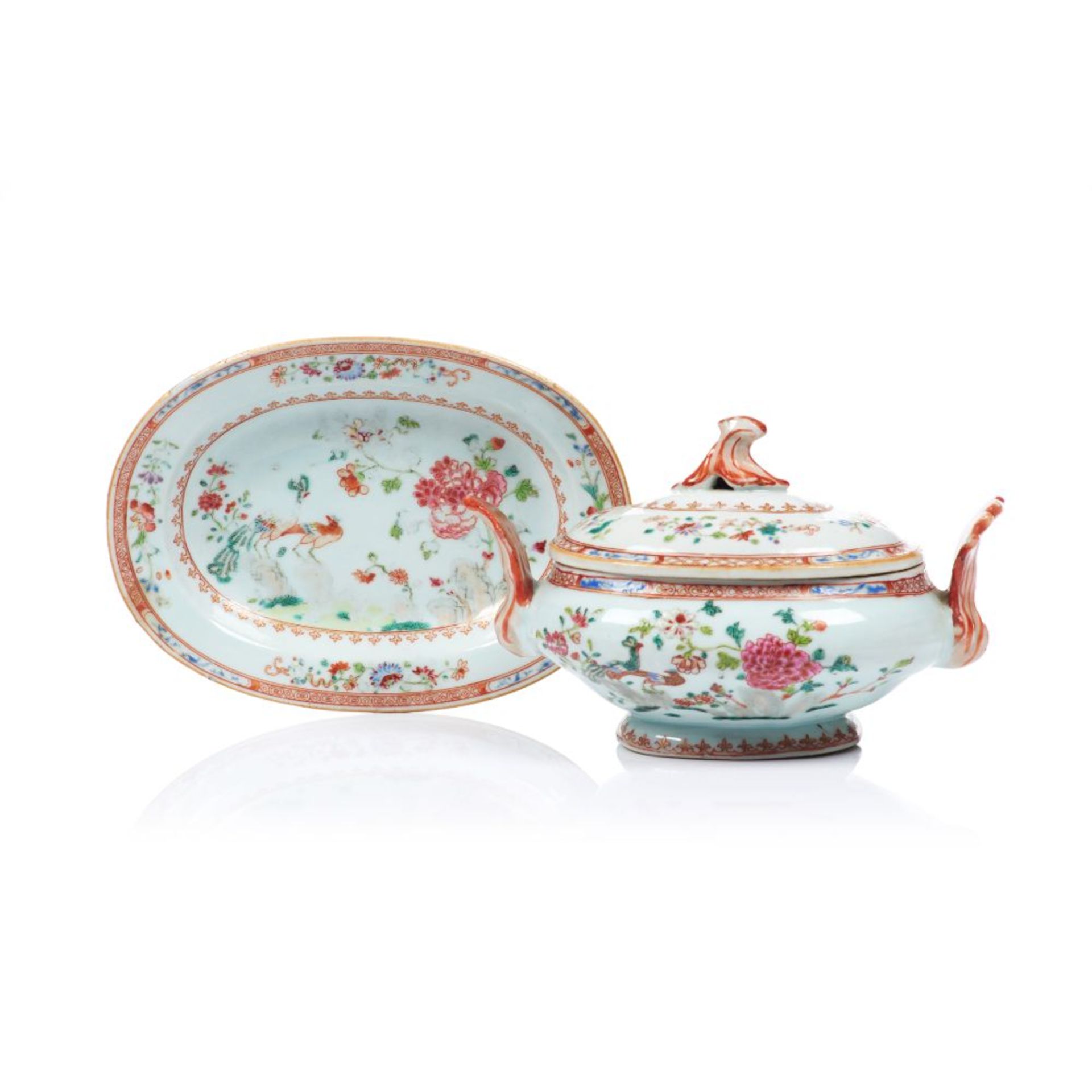 A small tureen with cover and tray, Chinese export porcelain, Polychrome "Famille Rose" enamelled,