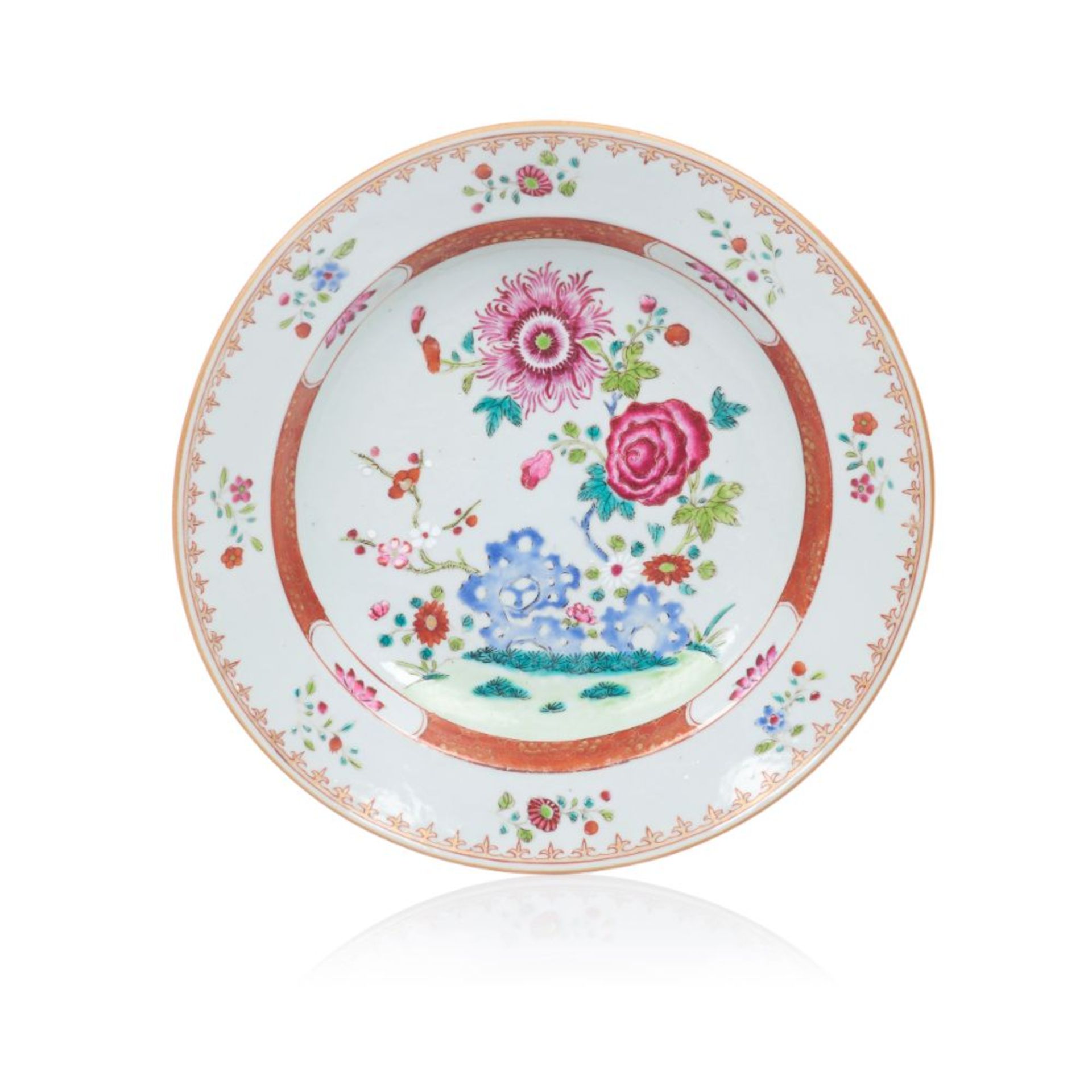 A deep plate, Chinese export porcelain, Polychrome "Famille Rose" enamelled and iron oxide
