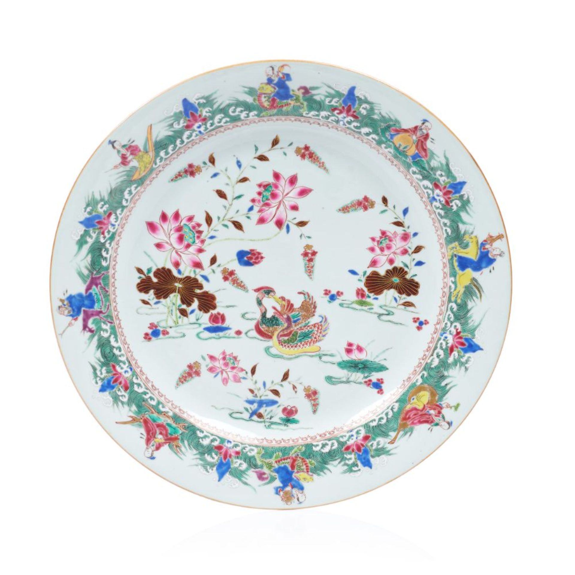 A large 'Mandarin Ducks and Daoist Immortals' plate, Chinese export porcelain, Polychrome "Famille