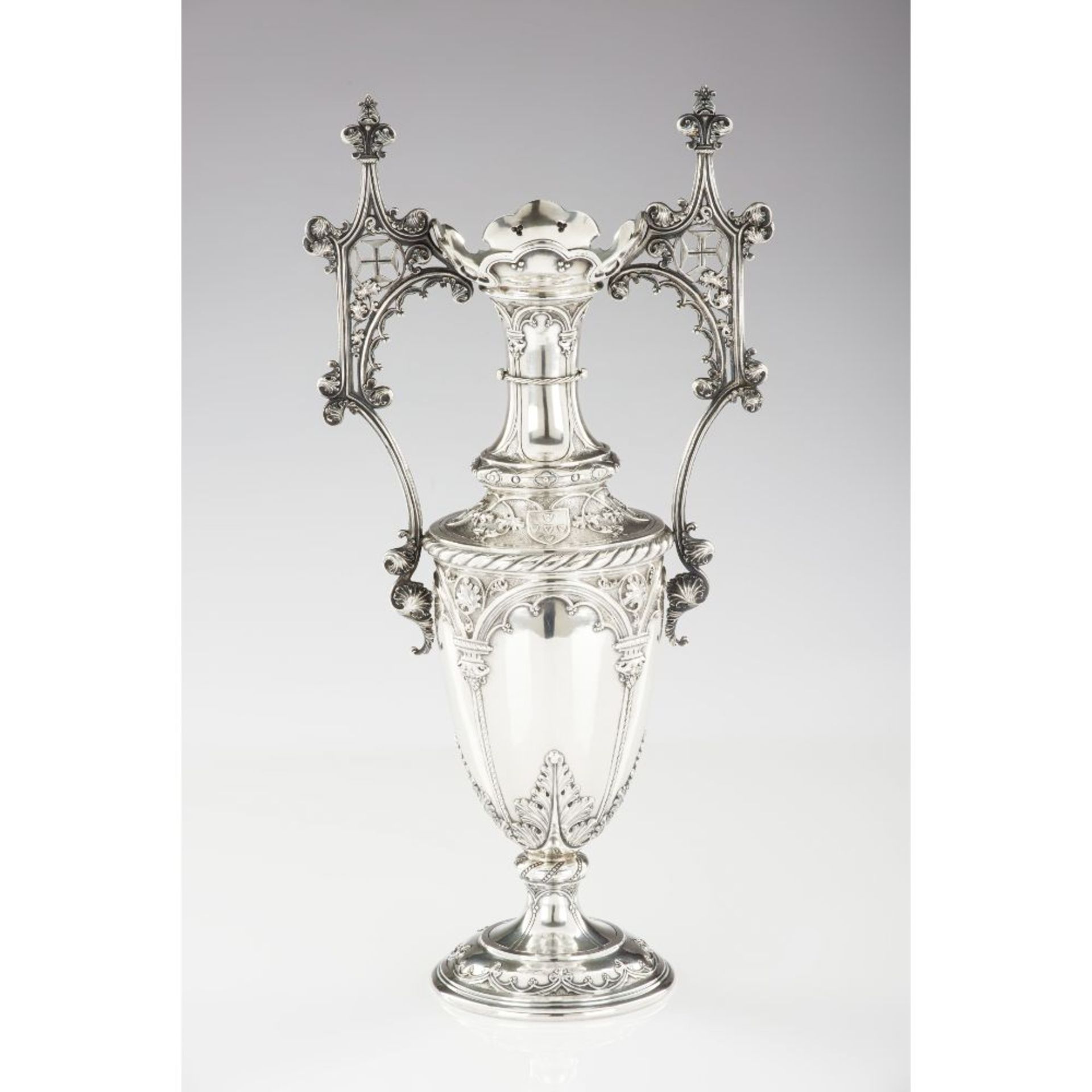 A neogothic style vase, Silver, Neogothic decoration with Cross of Christ, arches and armorial