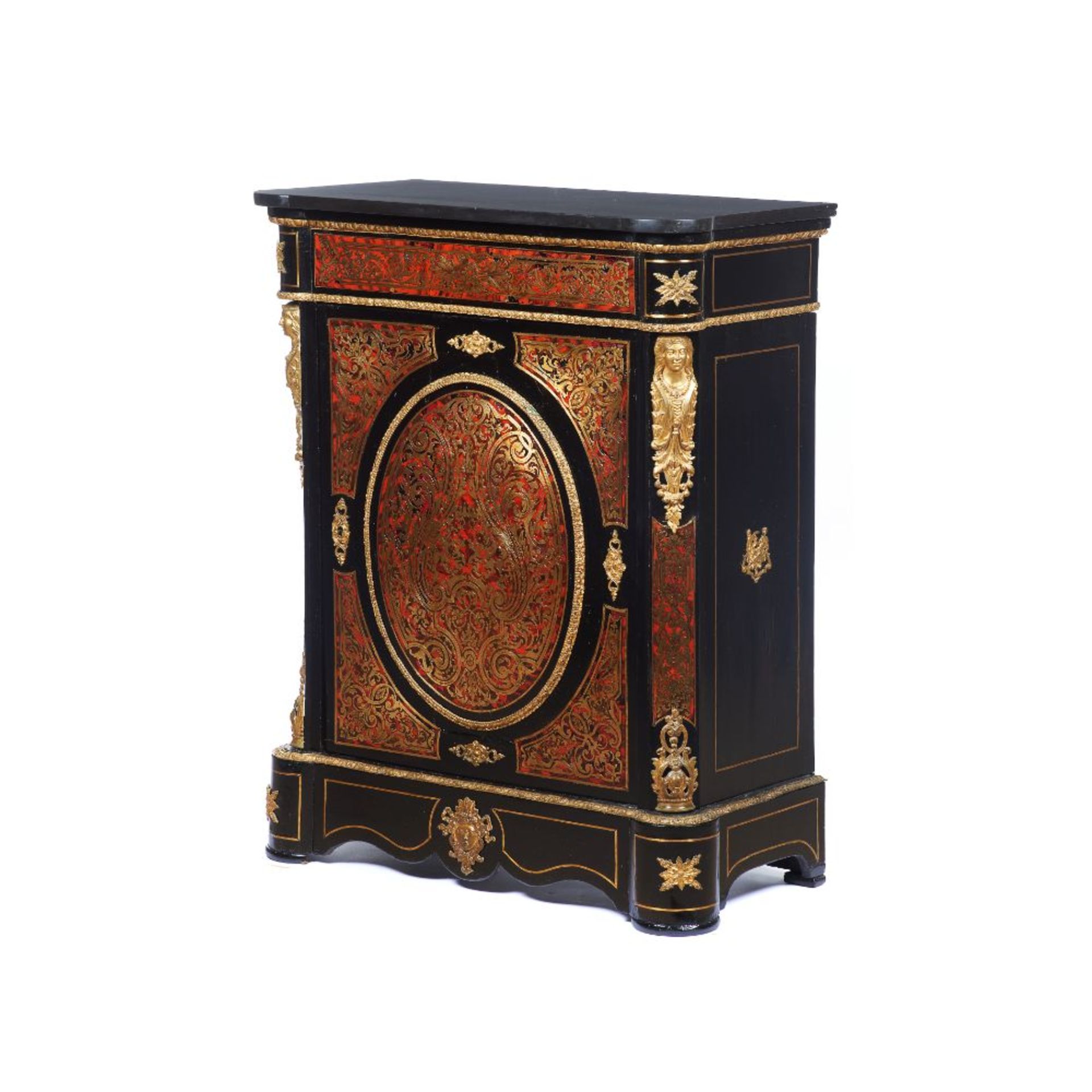 A Boulle style Napoleon III low cabinet, Ebonised wood, Gilt metal and turtle shell inlaid
