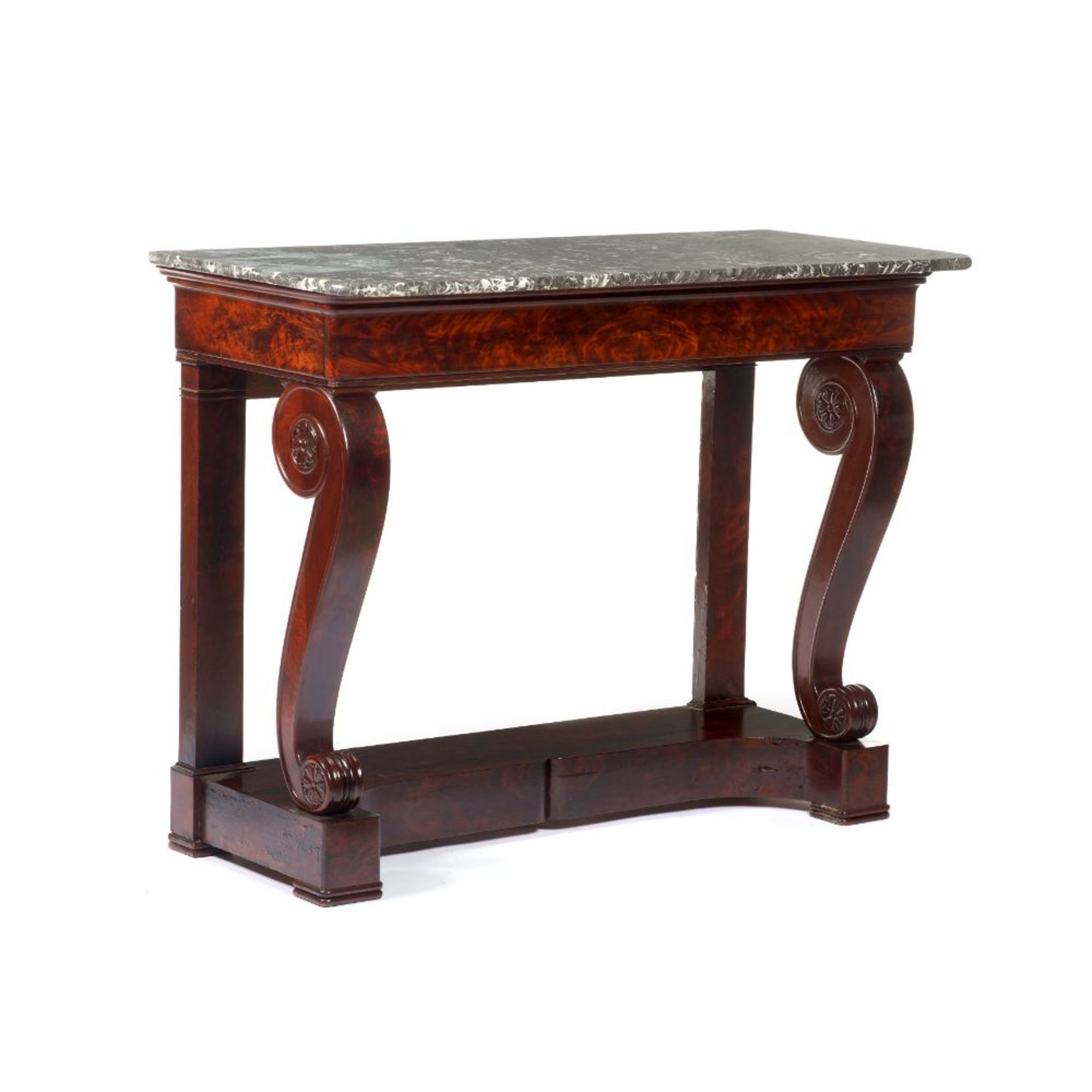 A pair of Louis-Philippe consoles, Solid and veneered mahogany, Cabriole front legs, carved